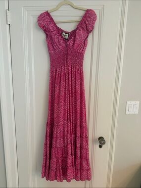 Gold & Silver Paris Smocked Pink Maxi Dress with Cap Sleeves
